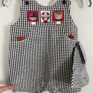 Vintage Cradle Togs Navy and White Checkered Kids overalls  with Sun hat